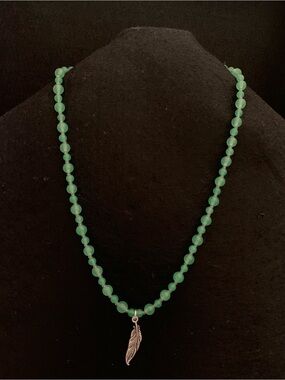 Green Beaded Necklace with Silver Feather Charm - Women's Jewelry
